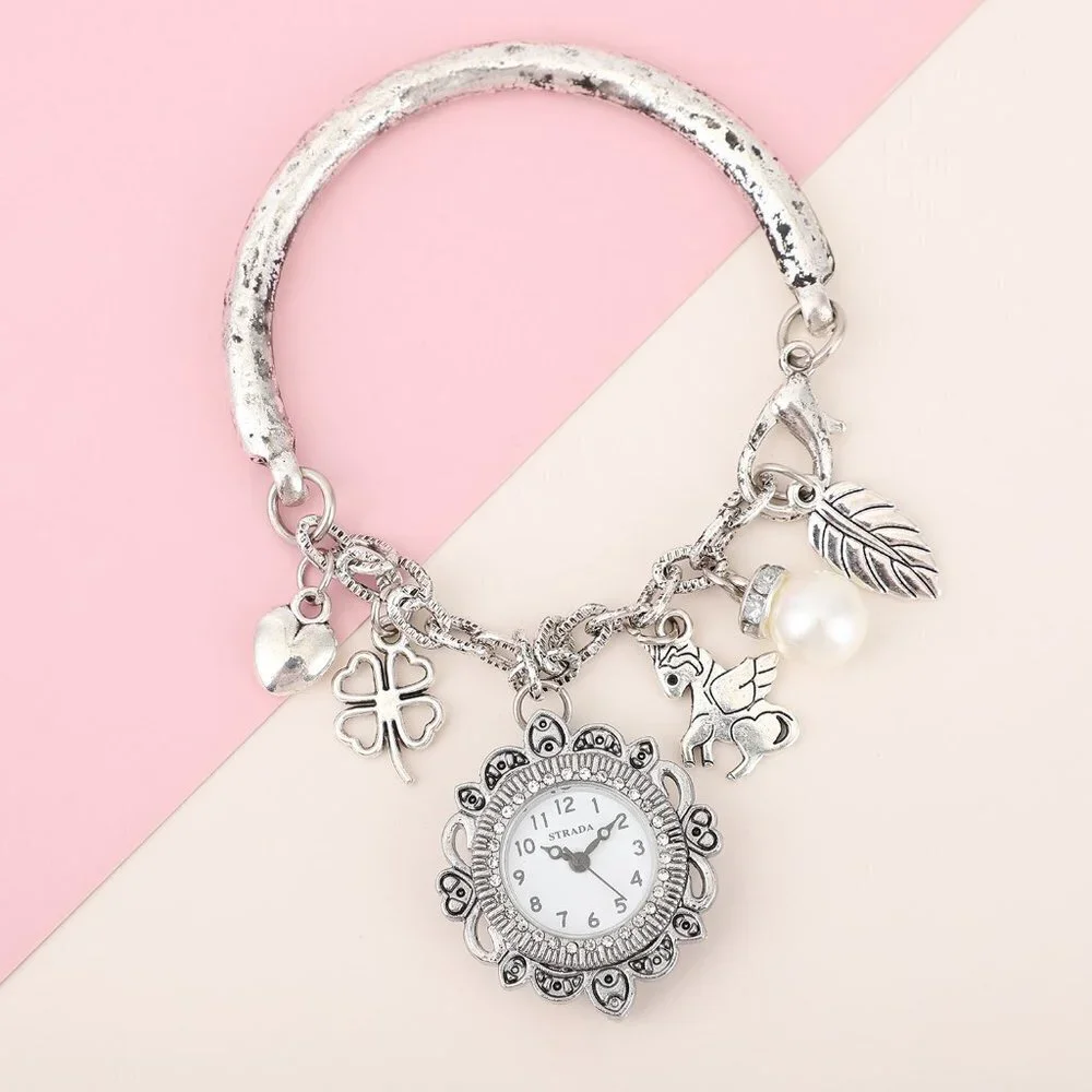 STRADA White Austrian Crystal Nature Theme Charm Bracelet Watch
